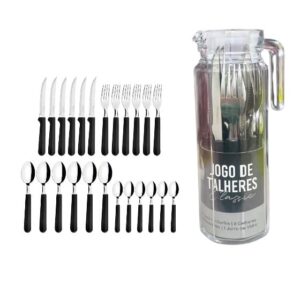 JG DE TALHERES INOX PRETO 25PÇS C/JARRA DE VIDRO (3PÇS)-LET ÚTIL
