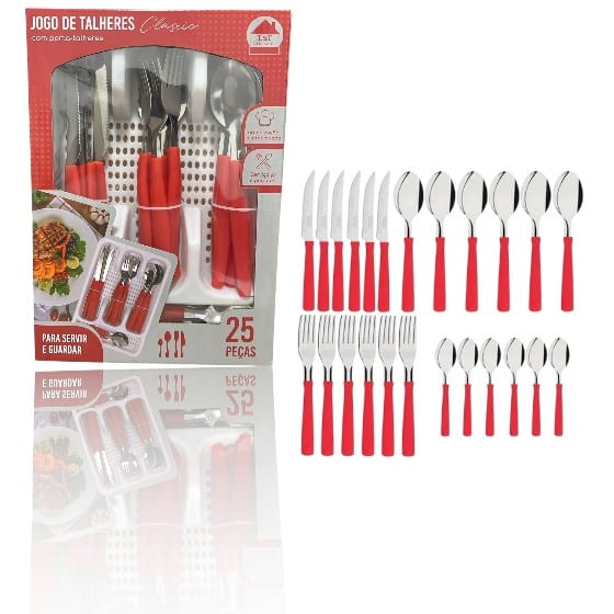 JG DE TALHERES VERMELHO 25PÇS C/PORTA TALHER BRANCO (3PÇS)-LET ÚTIL