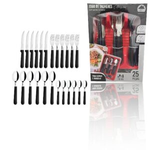 JG DE TALHERES PRETO 25PÇS RIO C/PORTA TALHER VERMELHO (3PÇS)-LET ÚTIL