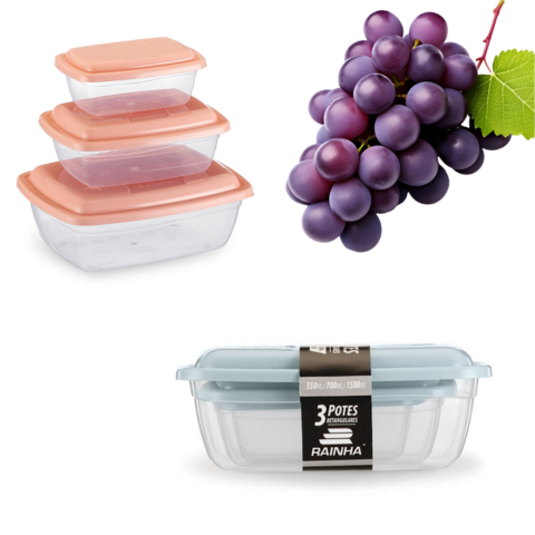 CJ.POTES P/M/G RETANG.TRANSPARENTE 350ML/700ML/1500ML (12CJ)-PLÁSTICOS RAINHA