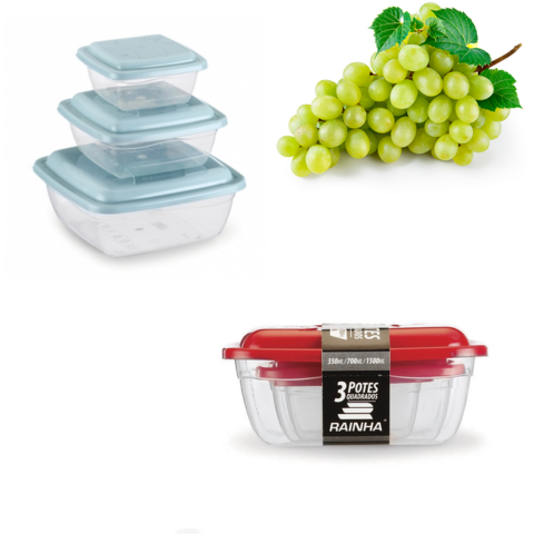 CJ.POTES P/M/G QUAD.TRANSPARENTE 350ML/700ML/1500ML (12CJ)-PLÁSTICOS RAINHA