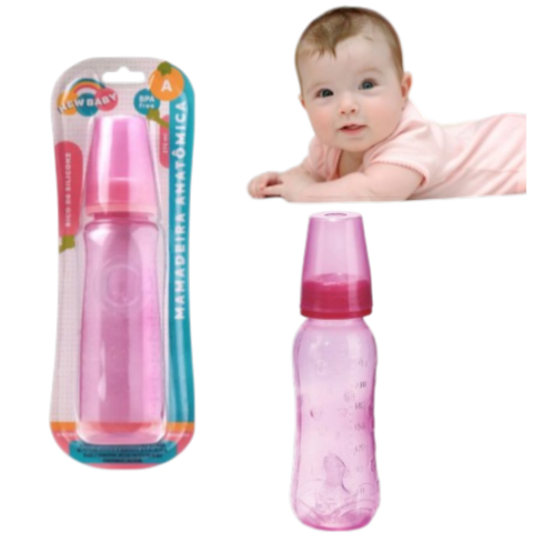 MAMADEIRA ANATÔMICA 270ML ROSA BICO ASSIMÉTRICO SILICONE (12PÇS)-NEW BABY