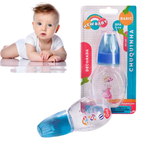 MAMADEIRA CHUQUINHA AZUL DECORADA 60ML BICO PVC (12PÇS)-NEW BABY