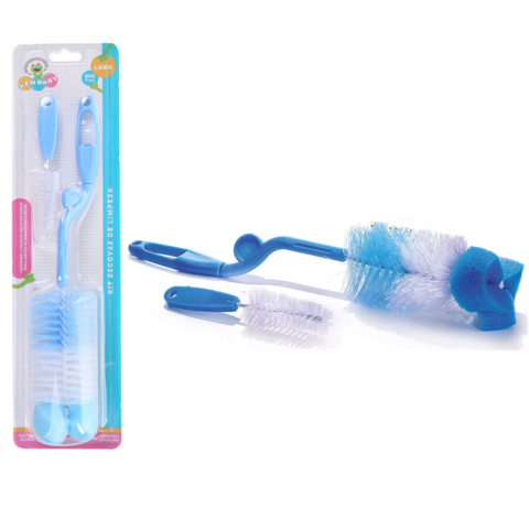 KIT ESCOVA 2PÇS PEQ/GRANDE LIMPA MAMADEIRA AZUL (12KITS)-NEW BABY
