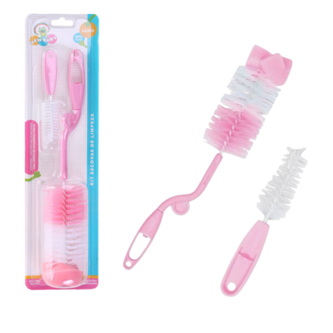 KIT ESCOVA 2PÇS PEQ/GRANDE LIMPA MAMADEIRA ROSA (12KITS)-NEW BABY