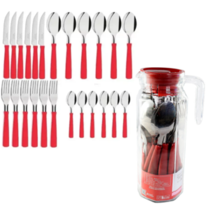 JG DE TALHERES INOX VERMELHO 25PÇS C/JARRA DE VIDRO (3PÇS)-LET ÚTIL