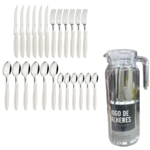 JG DE TALHERES INOX BRANCO 25PÇS C/JARRA DE VIDRO (3PÇS)-LET ÚTIL