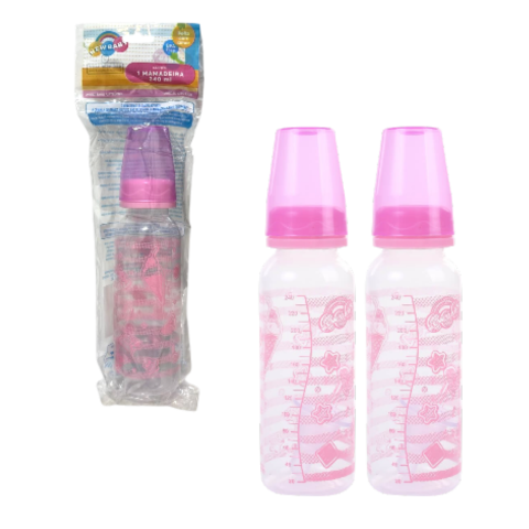 MAMADEIRA PLUS DECORADA 240ML CONVENCIONAL PVC ROSA (12PÇS)-NEW BABY